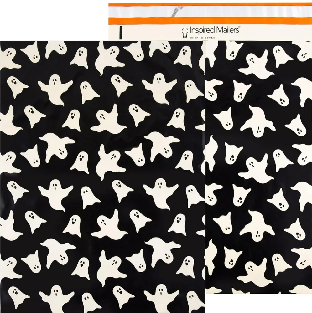 ✅️10 pk  14.5x19 INCH POLY MAILERS: White Ghosts on Black background